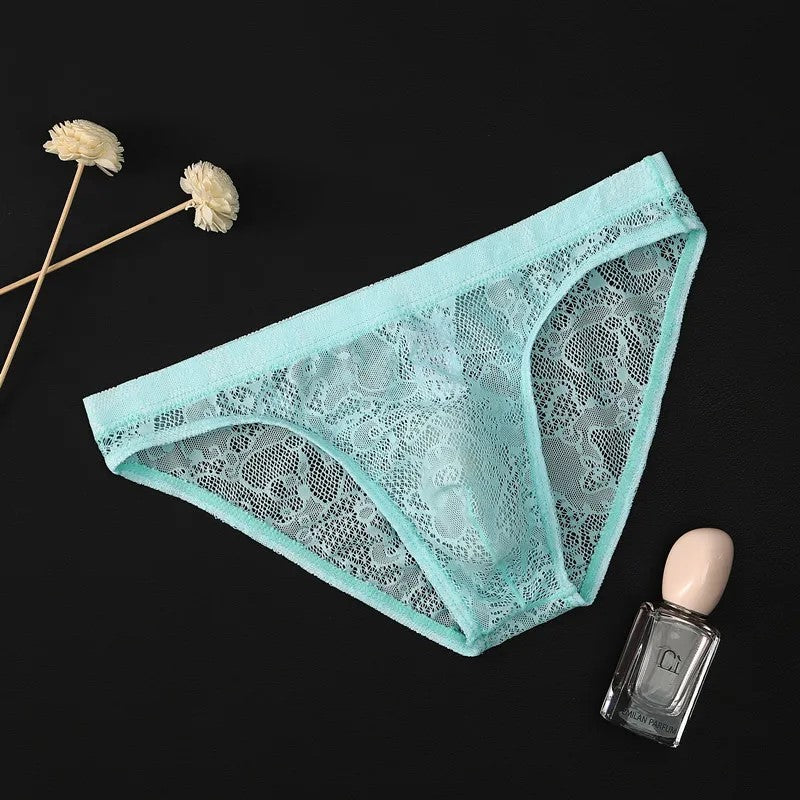 Men’s Floral Lace Low-Rise Briefs with Contoured Pouch in Sky Blue by Urban Tendency