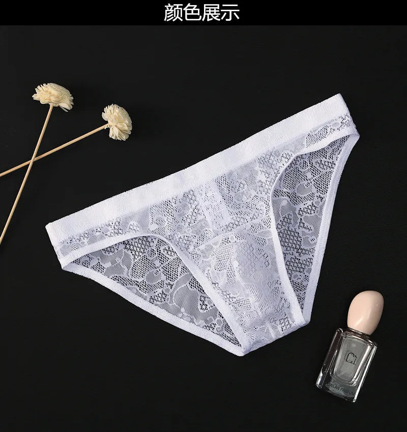 Men’s Floral Lace Low-Rise Briefs with Contoured Pouch in White by Urban Tendency