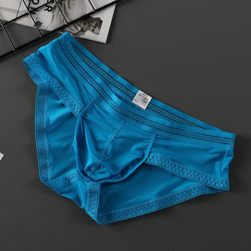Men’s Ice Silk Ultra-Thin Low-Rise Lace-Trimmed Briefs in Blue by Urban Tendency