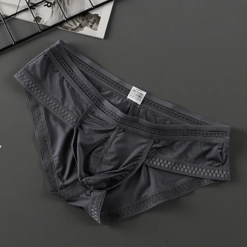Men’s Ice Silk Ultra-Thin Low-Rise Lace-Trimmed Briefs in Gray by Urban Tendency