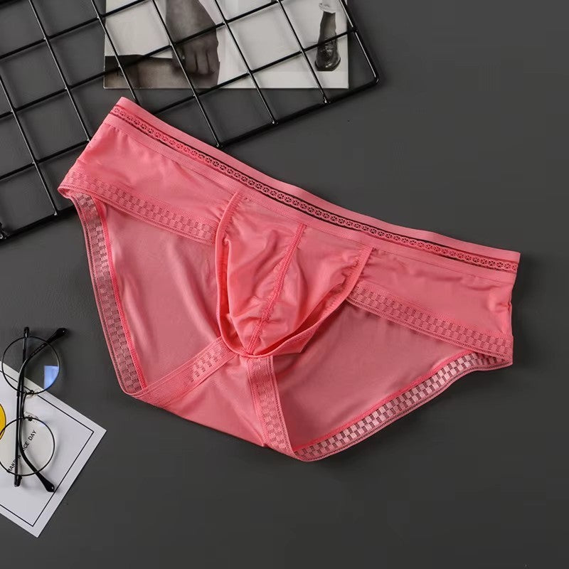 Men’s Ice Silk Ultra-Thin Low-Rise Lace-Trimmed Briefs in Pink by Urban Tendency