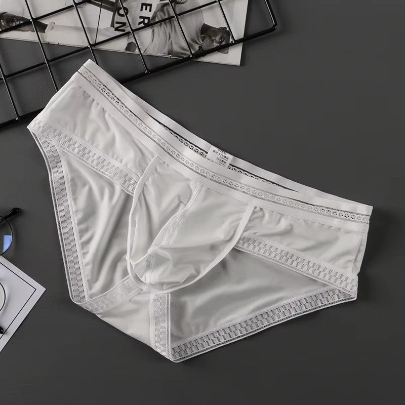 Men’s Ice Silk Ultra-Thin Low-Rise Lace-Trimmed Briefs in White by Urban Tendency