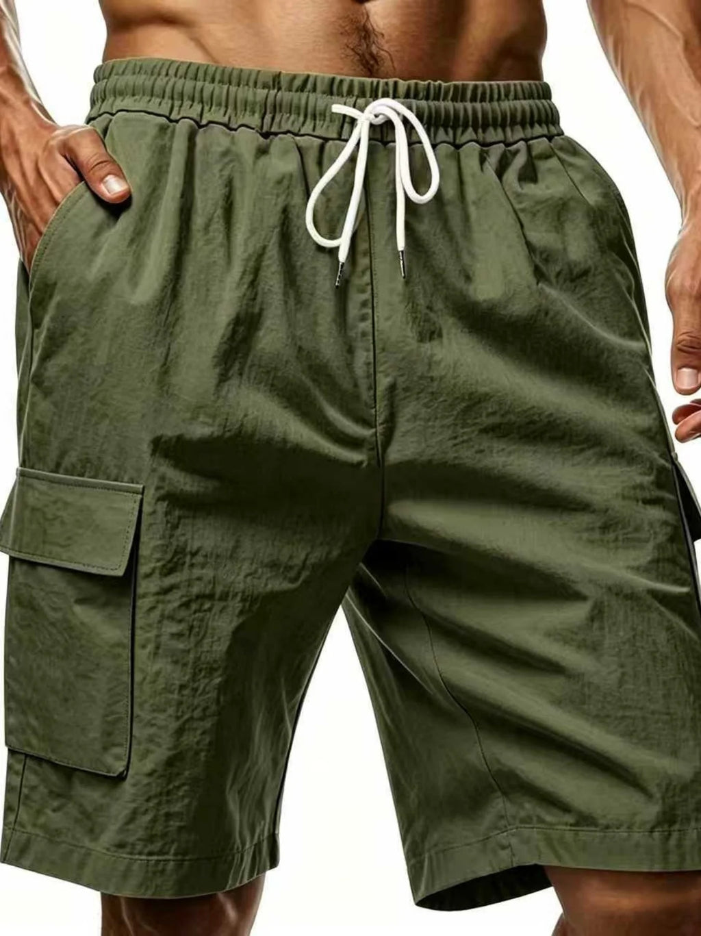 Men's Linen-Blend Cargo Shorts – Relaxed Fit with Elastic Drawstring Waist in Army Green by Urban Tendency