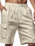 Men's Linen-Blend Cargo Shorts – Relaxed Fit with Elastic Drawstring Waist in Beige by Urban Tendency