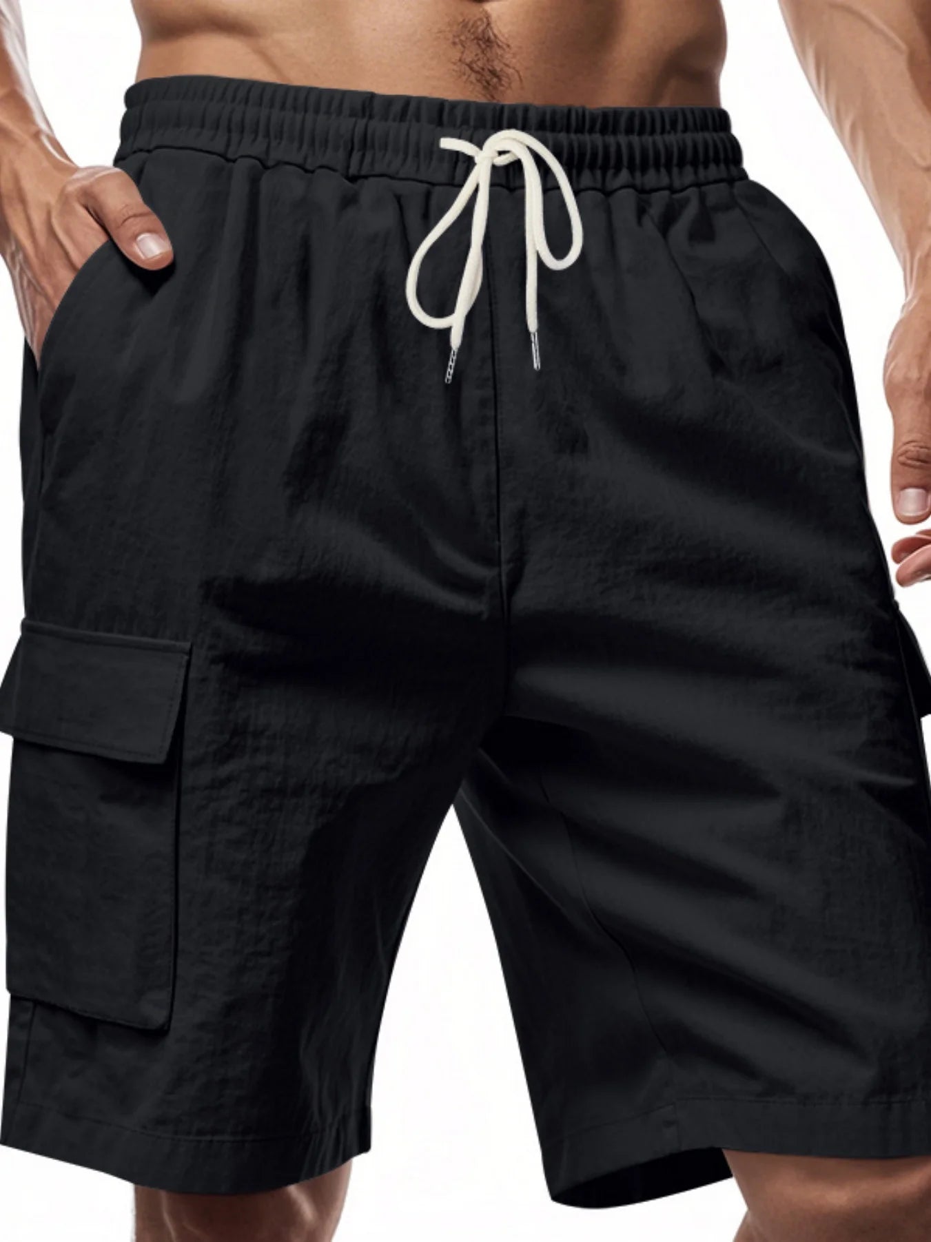 Men's Linen-Blend Cargo Shorts – Relaxed Fit with Elastic Drawstring Waist in Black by Urban Tendency