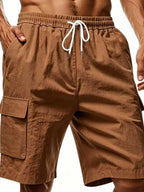 Men's Linen-Blend Cargo Shorts – Relaxed Fit with Elastic Drawstring Waist in Brown by Urban Tendency