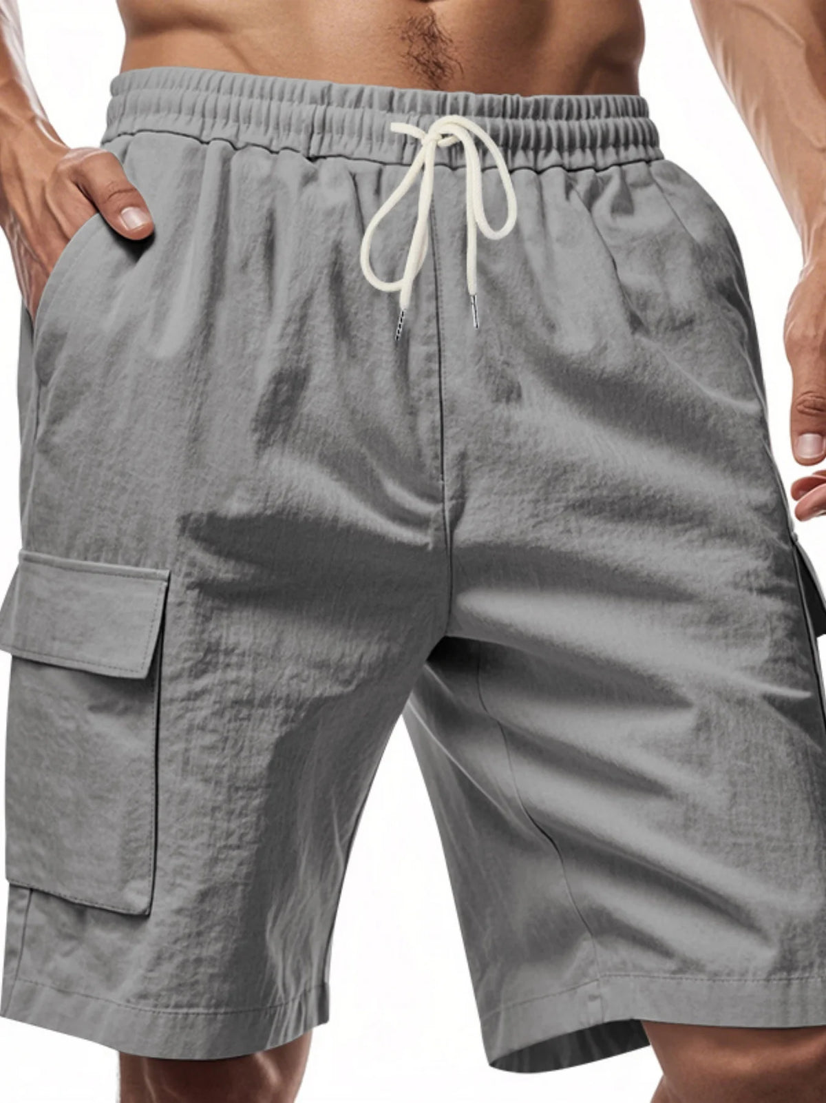 Men's Linen-Blend Cargo Shorts – Relaxed Fit with Elastic Drawstring Waist in Gray by Urban Tendency