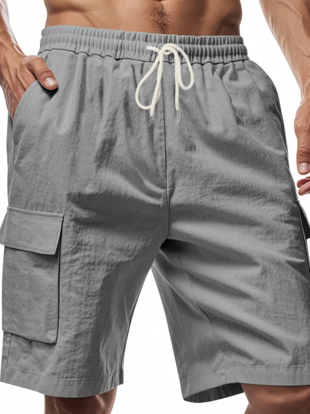 Men's Linen-Blend Cargo Shorts – Relaxed Fit with Elastic Drawstring Waist in Gray by Urban Tendency