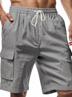Men's Linen-Blend Cargo Shorts – Relaxed Fit with Elastic Drawstring Waist in Gray by Urban Tendency