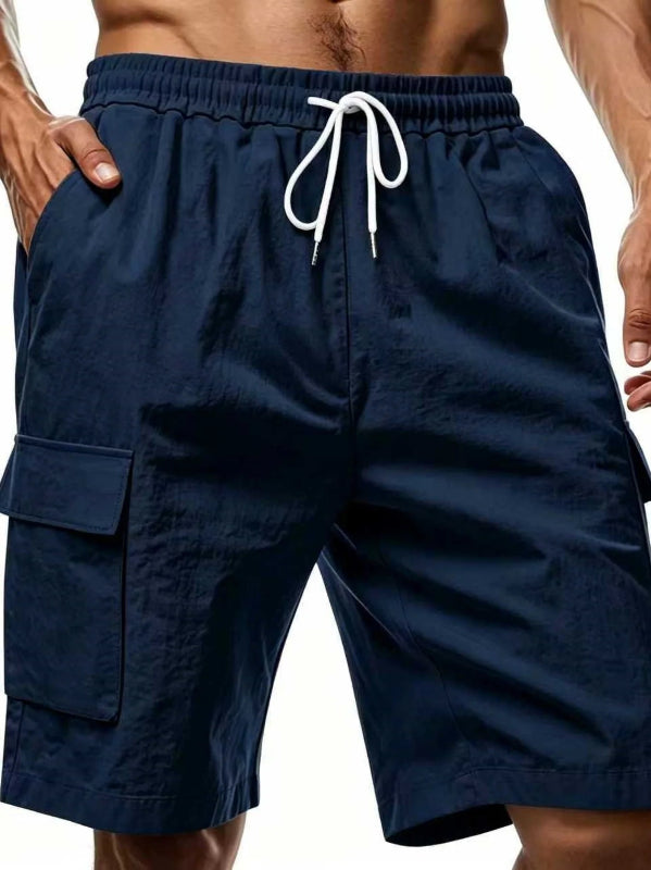 Men's Linen-Blend Cargo Shorts – Relaxed Fit with Elastic Drawstring Waist in Navy Blue by Urban Tendency