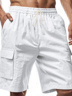 Men's Linen-Blend Cargo Shorts – Relaxed Fit with Elastic Drawstring Waist in White by Urban Tendency