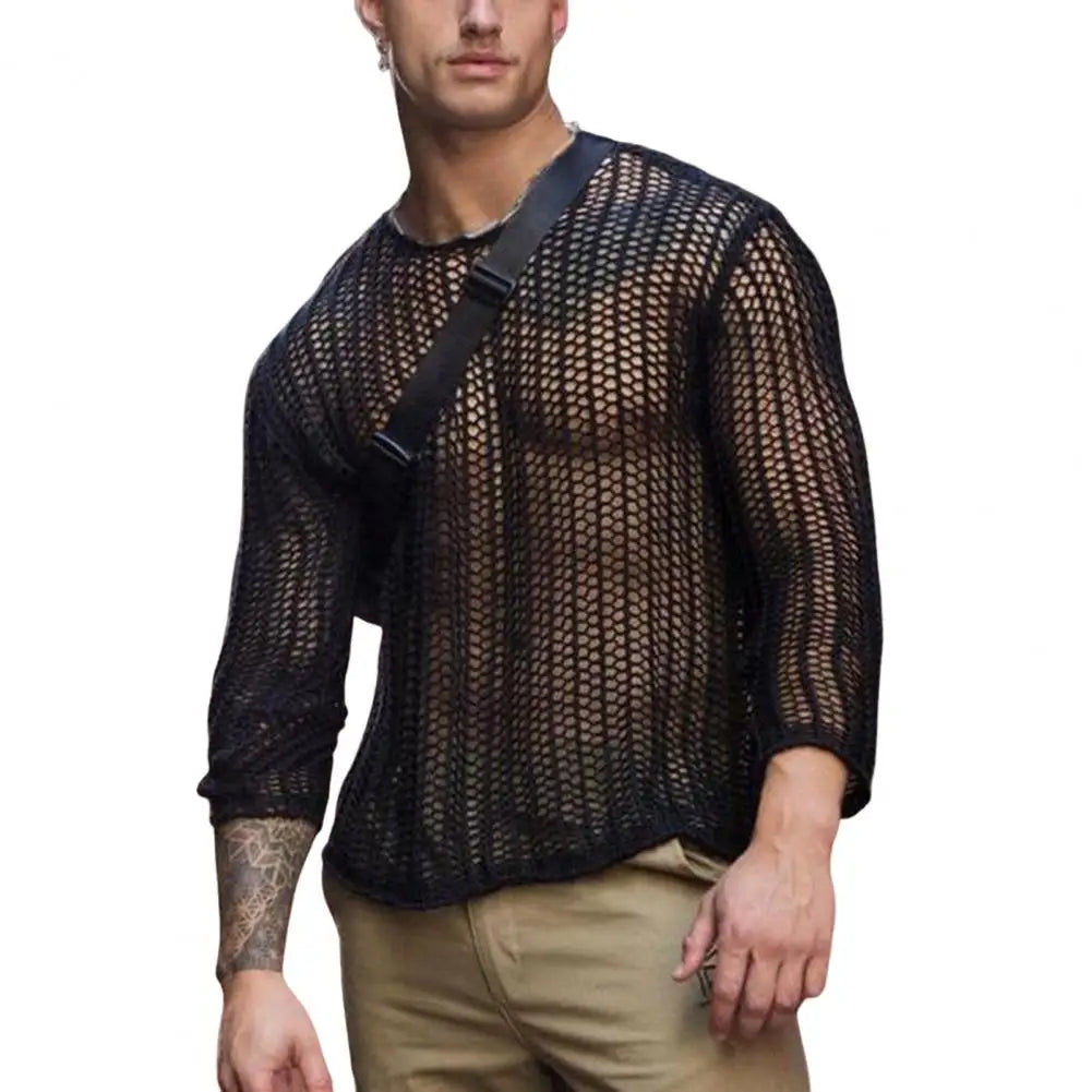 Men’s Long Sleeve See Through Round Neck Mesh Top in Black by Urban Tendency