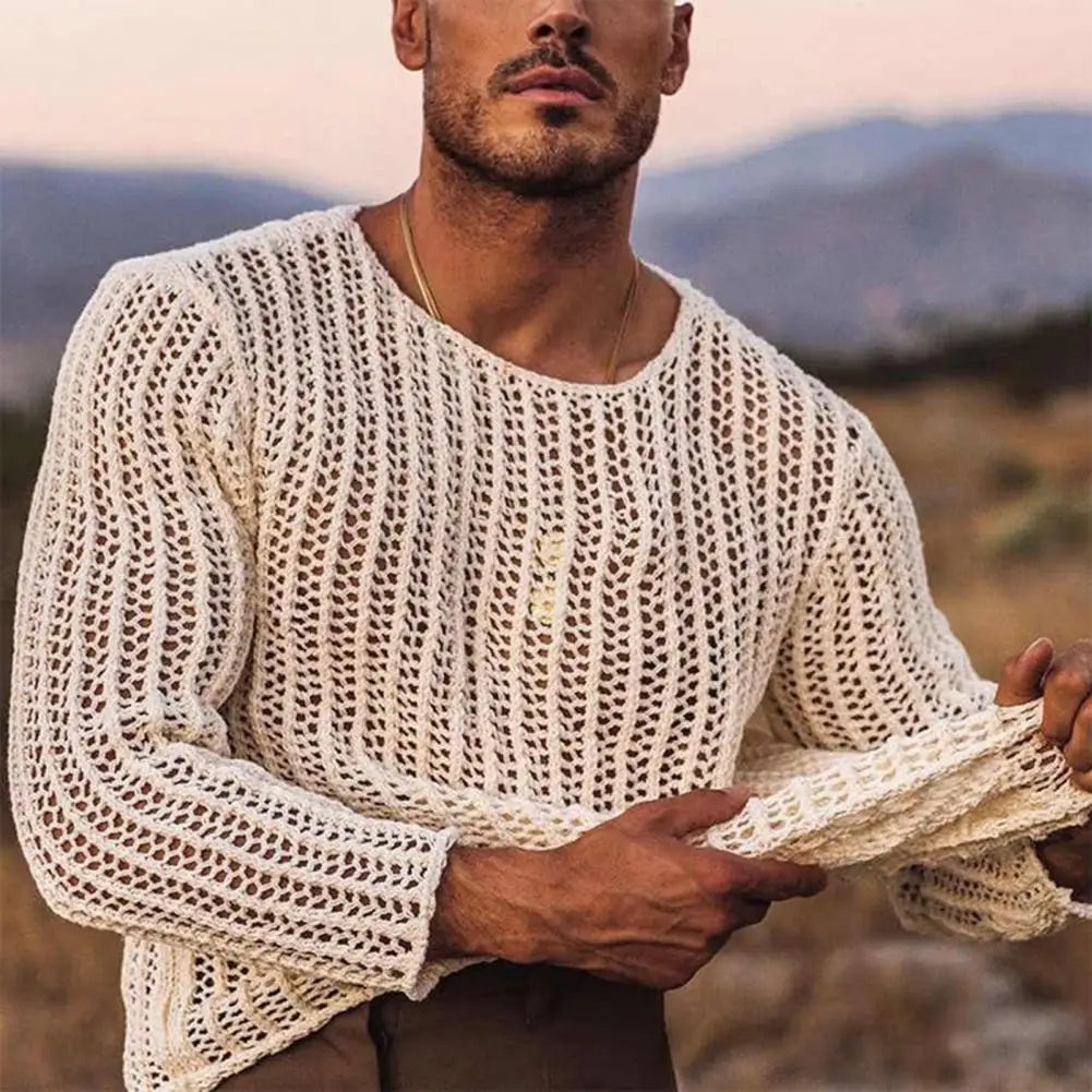 Men’s Long Sleeve See Through Round Neck Mesh Top in White by Urban Tendency