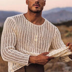 Men’s Long Sleeve See Through Round Neck Mesh Top in White by Urban Tendency