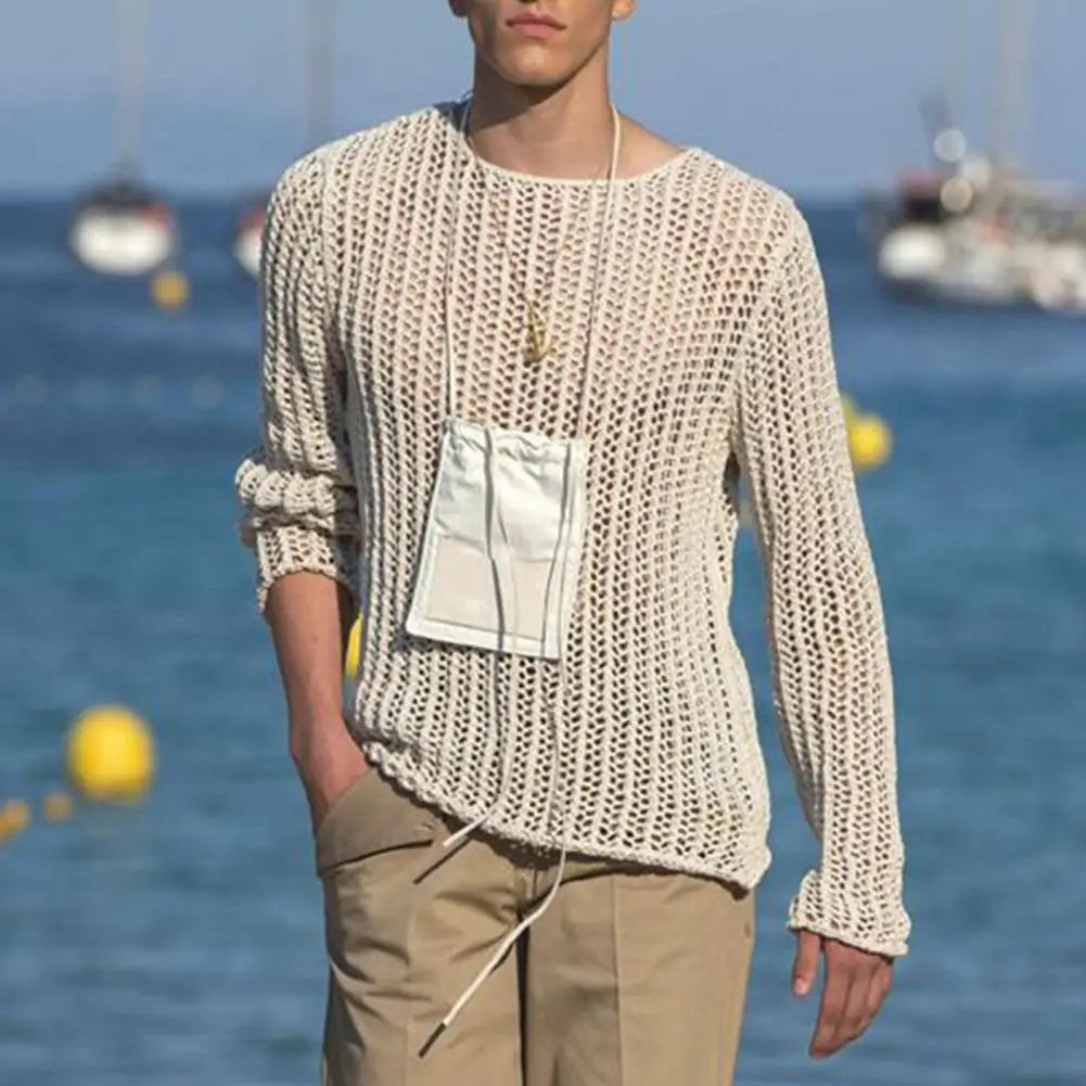 Men’s Long Sleeve See Through Round Neck Mesh Top in White by Urban Tendency