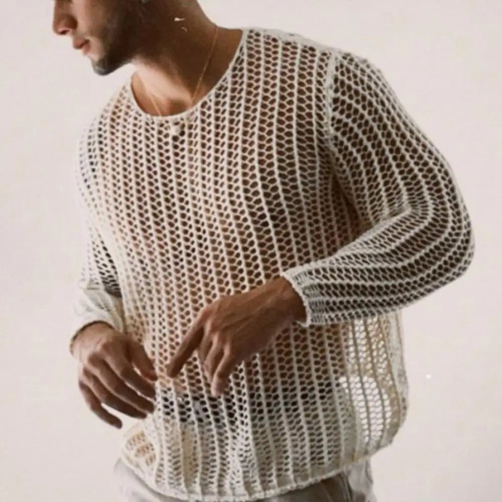 Men’s Long Sleeve See Through Round Neck Mesh Top in White by Urban Tendency