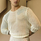 Men’s Long Sleeve See Through Round Neck Mesh Top in White by Urban Tendency
