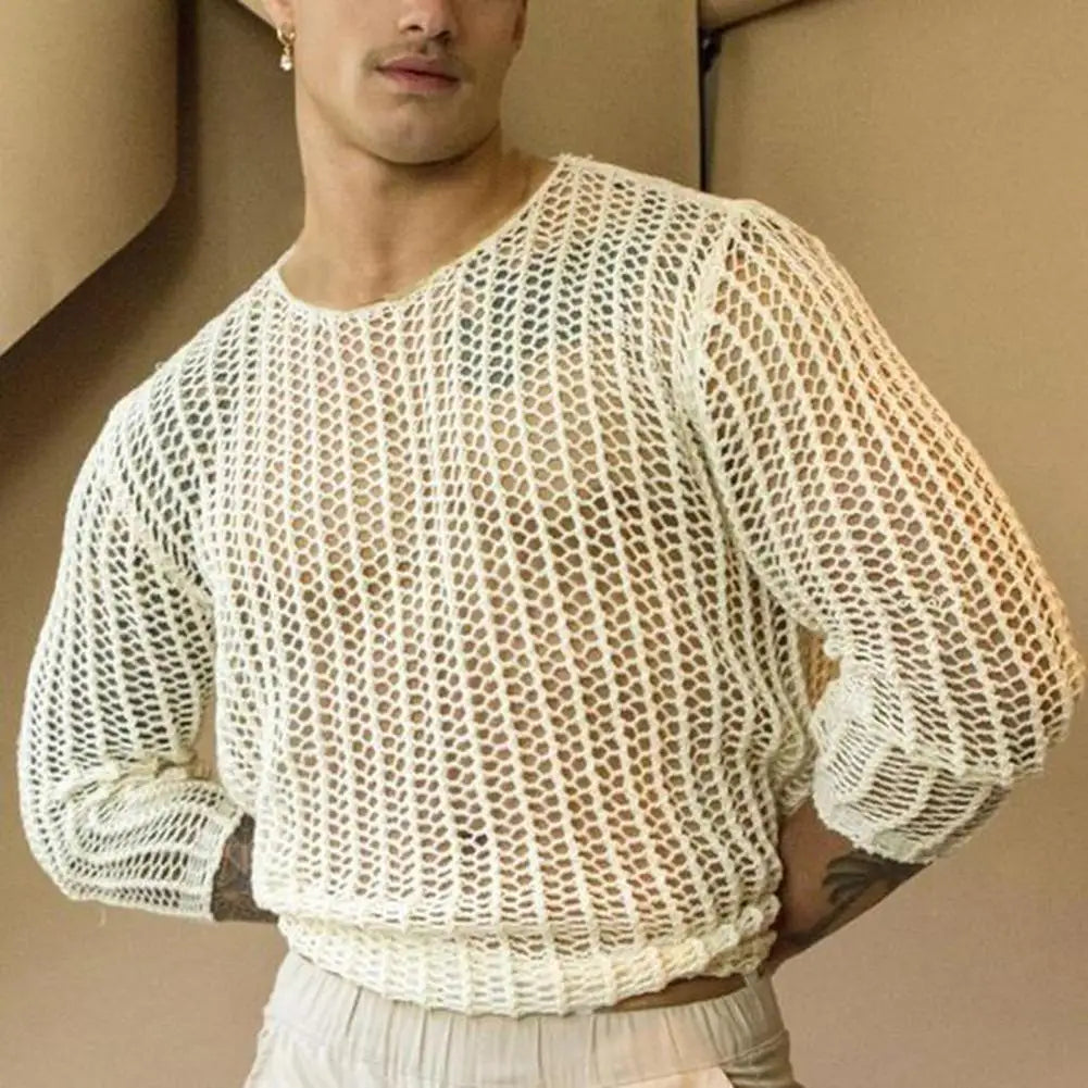 Men’s Long Sleeve See Through Round Neck Mesh Top in White by Urban Tendency