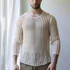 Men’s Long Sleeve See Through Round Neck Mesh Top in White by Urban Tendency