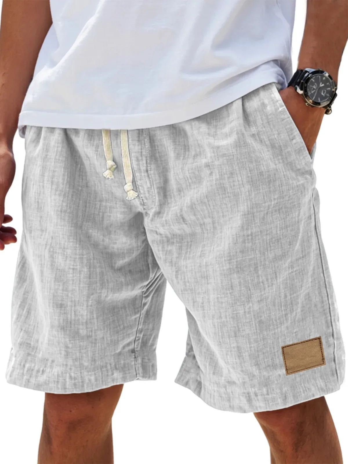 Men’s Loose Fit Drawstring Shorts – Retro Casual Comfort in Grayish White by Urban Tendency