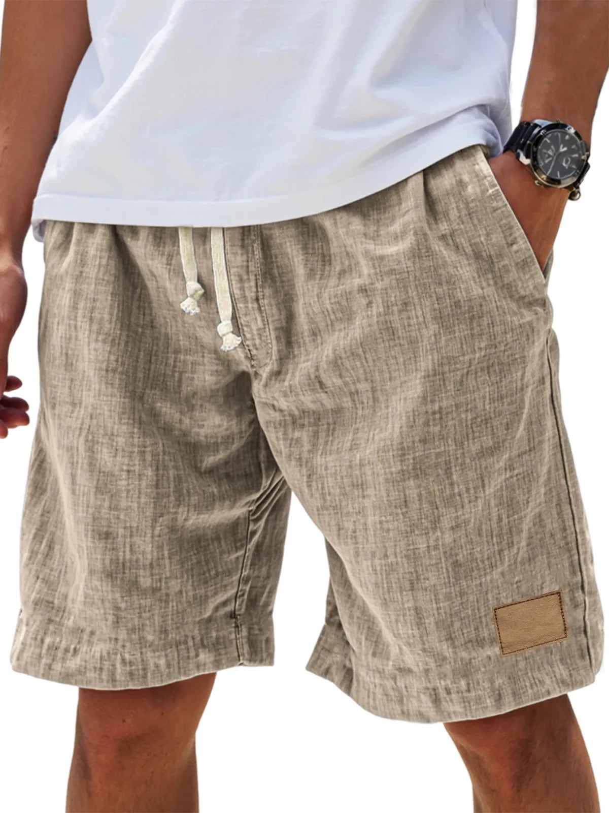 Men’s Loose Fit Drawstring Shorts – Retro Casual Comfort in Khaki by Urban Tendency