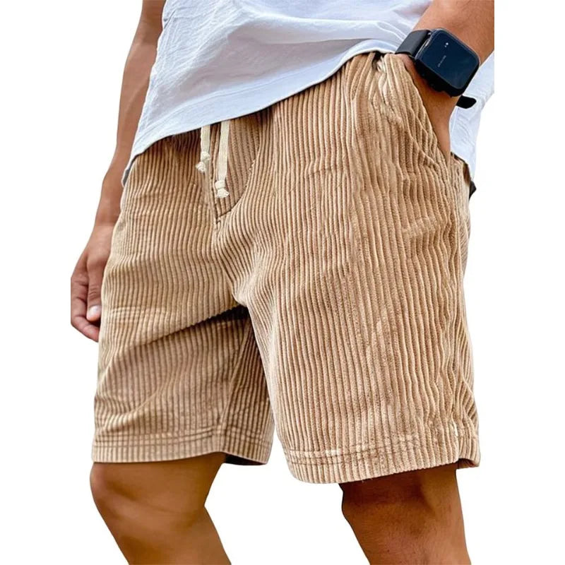 Men’s Retro Corduroy Drawstring Shorts – Casual Fit in Khaki by Urban Tendency