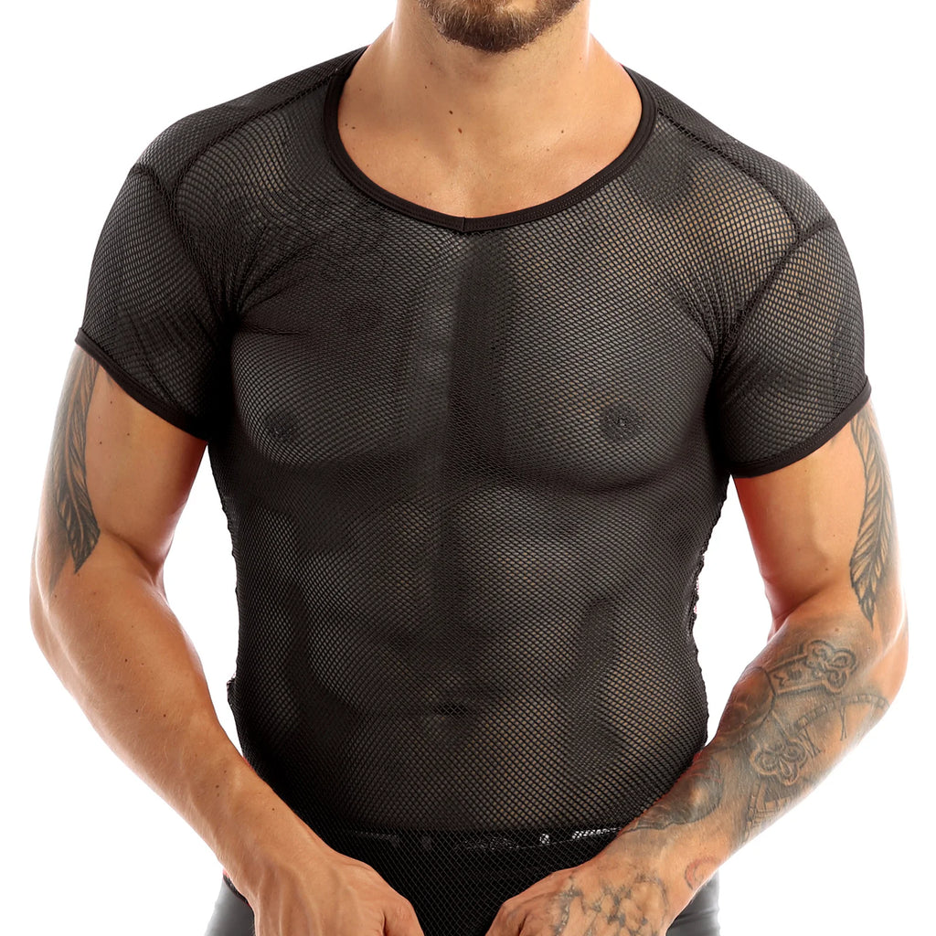 Men’s Sheer Mesh T-Shirt – Breathable Slim Fit See-Through Top in Black by Urban Tendency