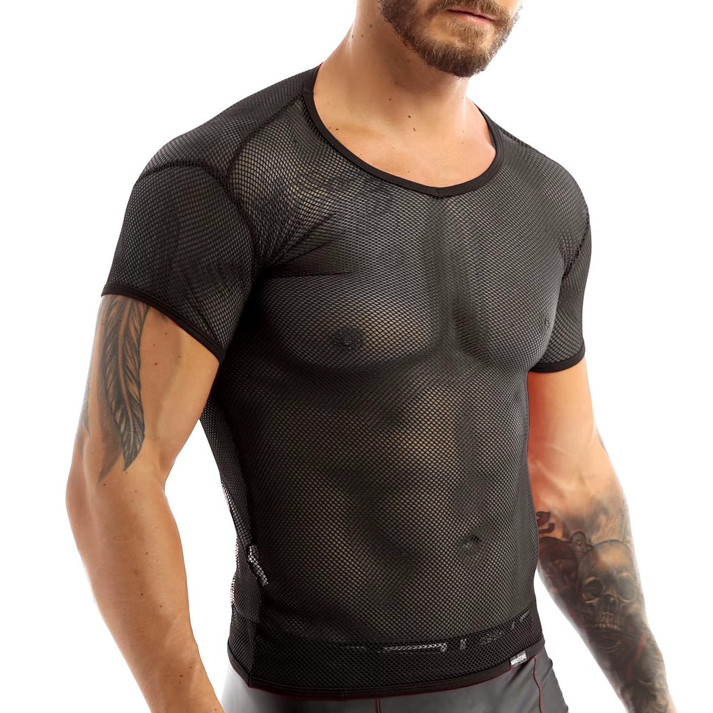 Men’s Sheer Mesh T-Shirt – Breathable Slim Fit See-Through Top in Black by Urban Tendency