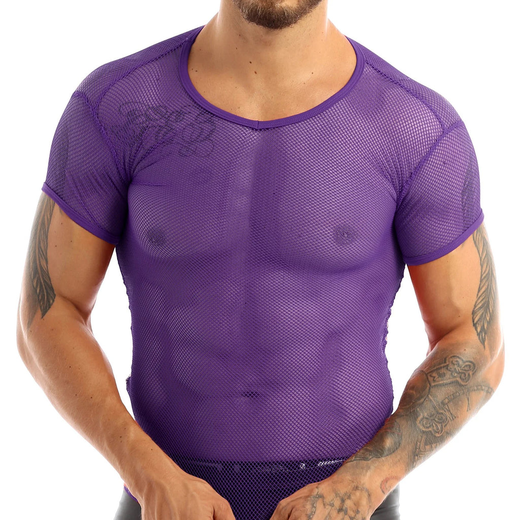 Men’s Sheer Mesh T-Shirt – Breathable Slim Fit See-Through Top in Purple by Urban Tendency