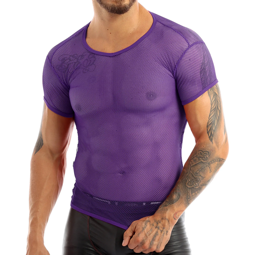 Men’s Sheer Mesh T-Shirt – Breathable Slim Fit See-Through Top in Purple by Urban Tendency