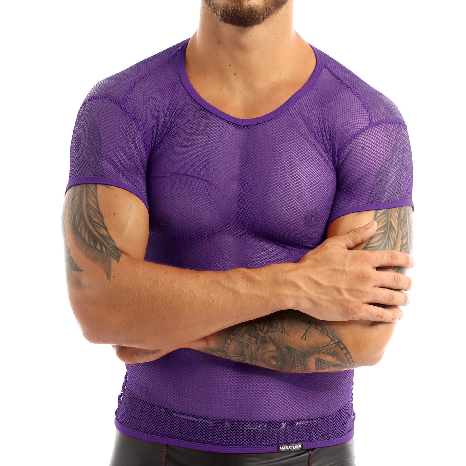 Men’s Sheer Mesh T-Shirt – Breathable Slim Fit See-Through Top in Purple by Urban Tendency