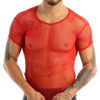 Men’s Sheer Mesh T-Shirt – Breathable Slim Fit See-Through Top in Red by Urban Tendency