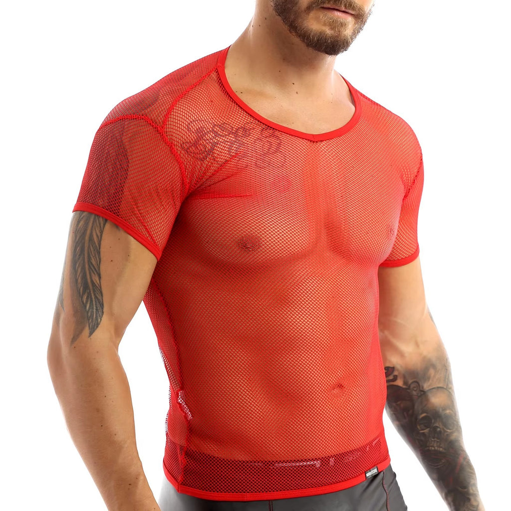 Men’s Sheer Mesh T-Shirt – Breathable Slim Fit See-Through Top in Red by Urban Tendency