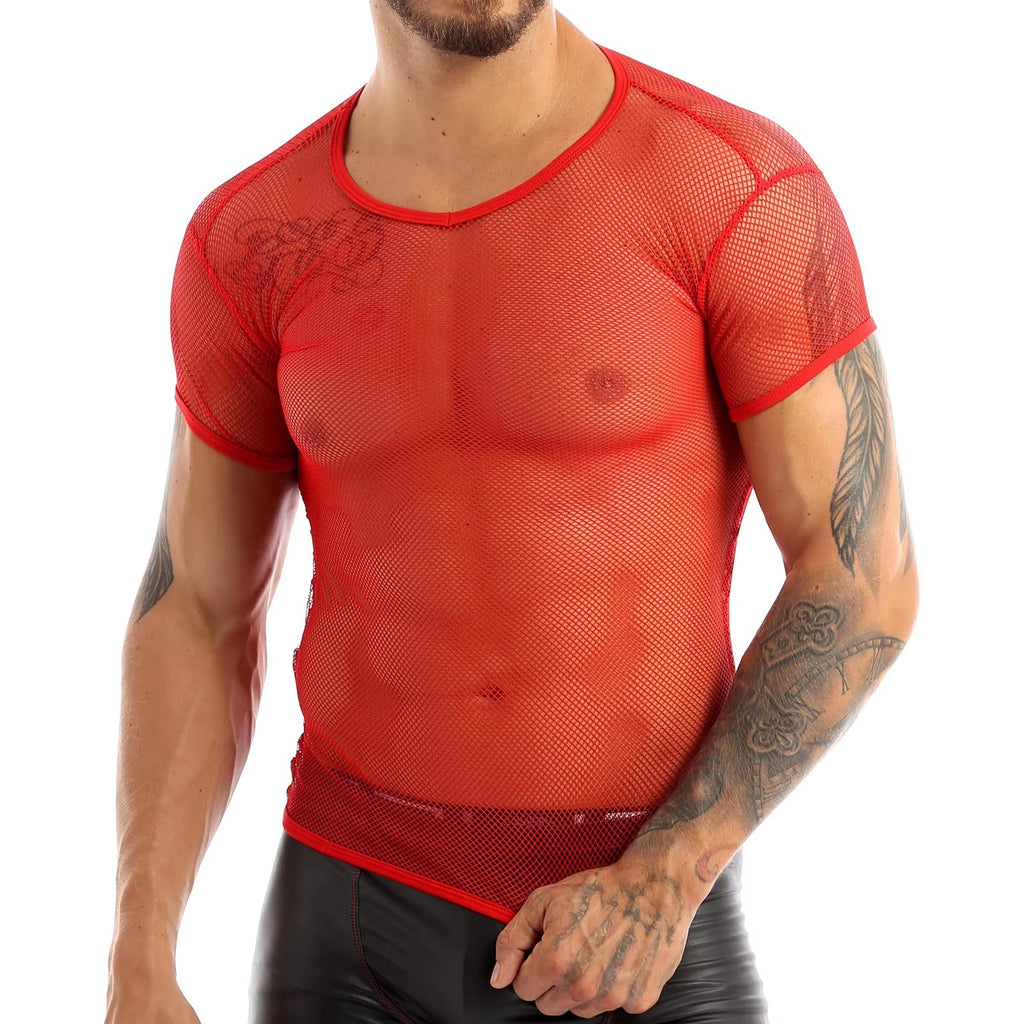 Men’s Sheer Mesh T-Shirt – Breathable Slim Fit See-Through Top in Red by Urban Tendency