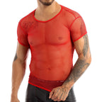 Men’s Sheer Mesh T-Shirt – Breathable Slim Fit See-Through Top in Red by Urban Tendency