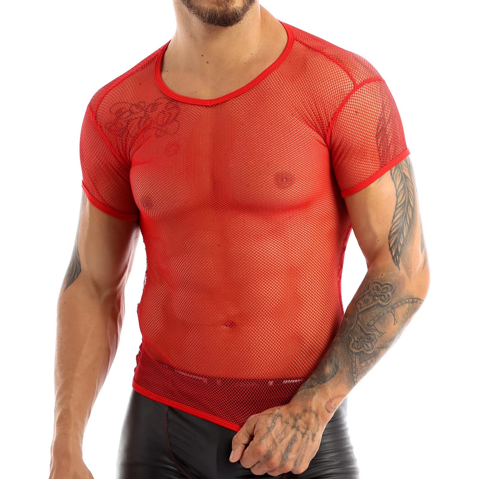 Men’s Sheer Mesh T-Shirt – Breathable Slim Fit See-Through Top in Red by Urban Tendency