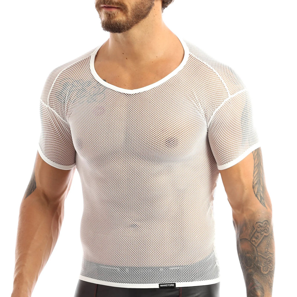 Men’s Sheer Mesh T-Shirt – Breathable Slim Fit See-Through Top in White by Urban Tendency