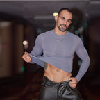 Men’s Sheer Ribbed Slim Fit T-Shirt – Transparent Stretch Long Sleeve in Gray by Urban Tendency
