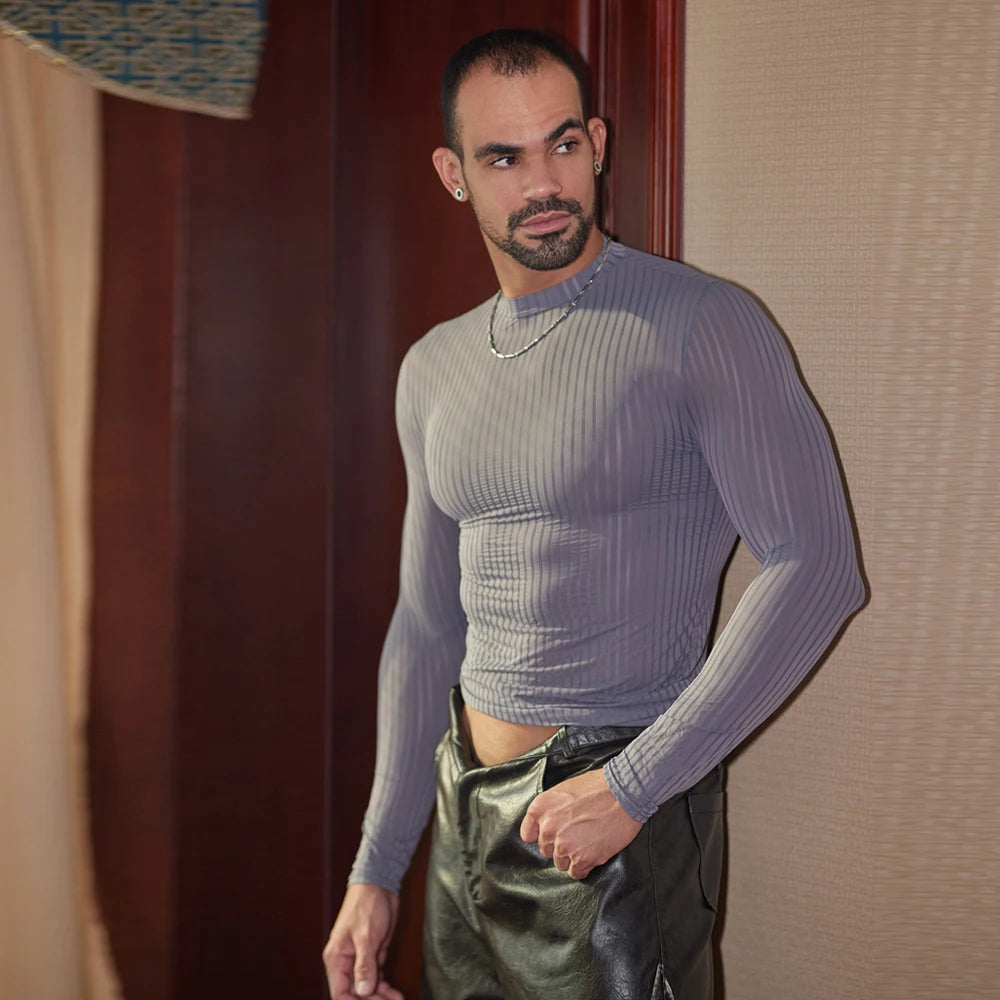 Men’s Sheer Ribbed Slim Fit T-Shirt – Transparent Stretch Long Sleeve in Gray by Urban Tendency