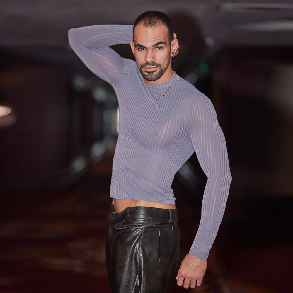 Men’s Sheer Ribbed Slim Fit T-Shirt – Transparent Stretch Long Sleeve in Gray by Urban Tendency