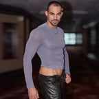 Men’s Sheer Ribbed Slim Fit T-Shirt – Transparent Stretch Long Sleeve in Gray by Urban Tendency