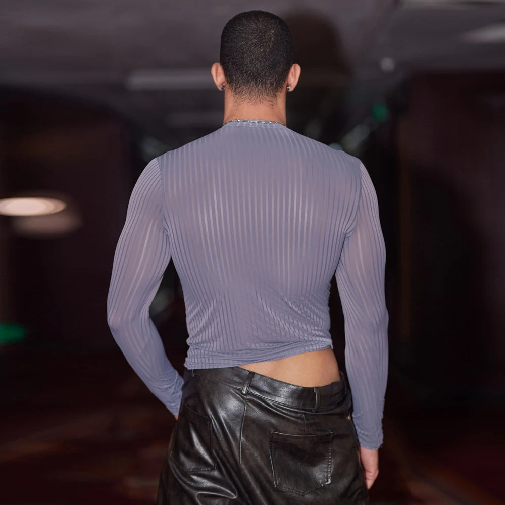 Men’s Sheer Ribbed Slim Fit T-Shirt – Transparent Stretch Long Sleeve in Gray by Urban Tendency
