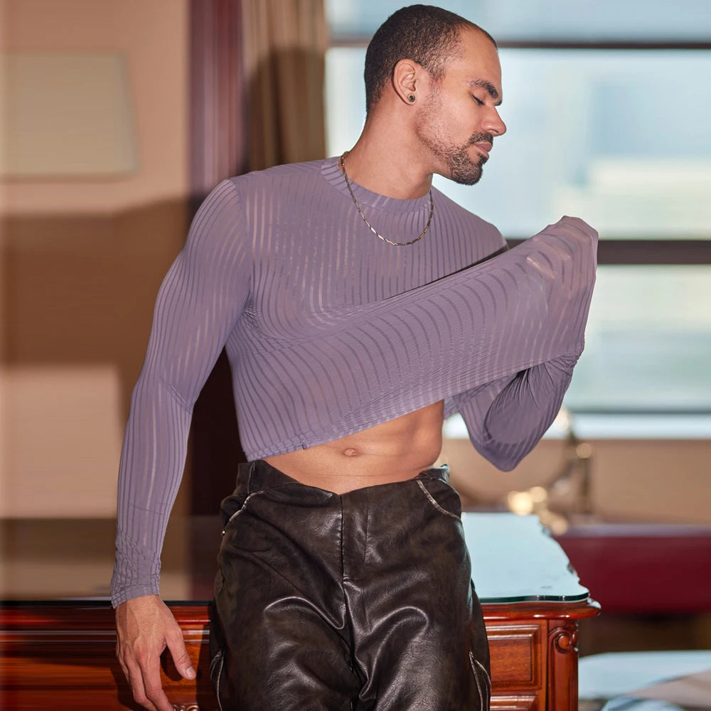 Men’s Sheer Ribbed Slim Fit T-Shirt – Transparent Stretch Long Sleeve in Gray by Urban Tendency