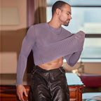 Men’s Sheer Ribbed Slim Fit T-Shirt – Transparent Stretch Long Sleeve in Gray by Urban Tendency
