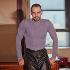 Men’s Sheer Ribbed Slim Fit T-Shirt – Transparent Stretch Long Sleeve in Gray by Urban Tendency