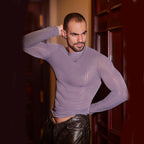 Men’s Sheer Ribbed Slim Fit T-Shirt – Transparent Stretch Long Sleeve in Gray by Urban Tendency