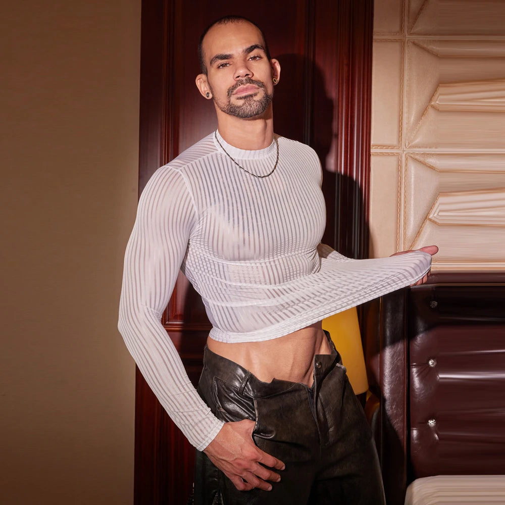 Men’s Sheer Ribbed Slim Fit T-Shirt – Transparent Stretch Long Sleeve in White by Urban Tendency