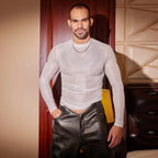 Men’s Sheer Ribbed Slim Fit T-Shirt – Transparent Stretch Long Sleeve in White by Urban Tendency