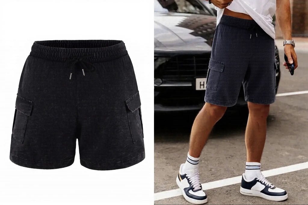 Men’s Washed Cotton-Blend Casual Shorts – Elastic Waist Drawstring Fit in Black by Urban Tendency