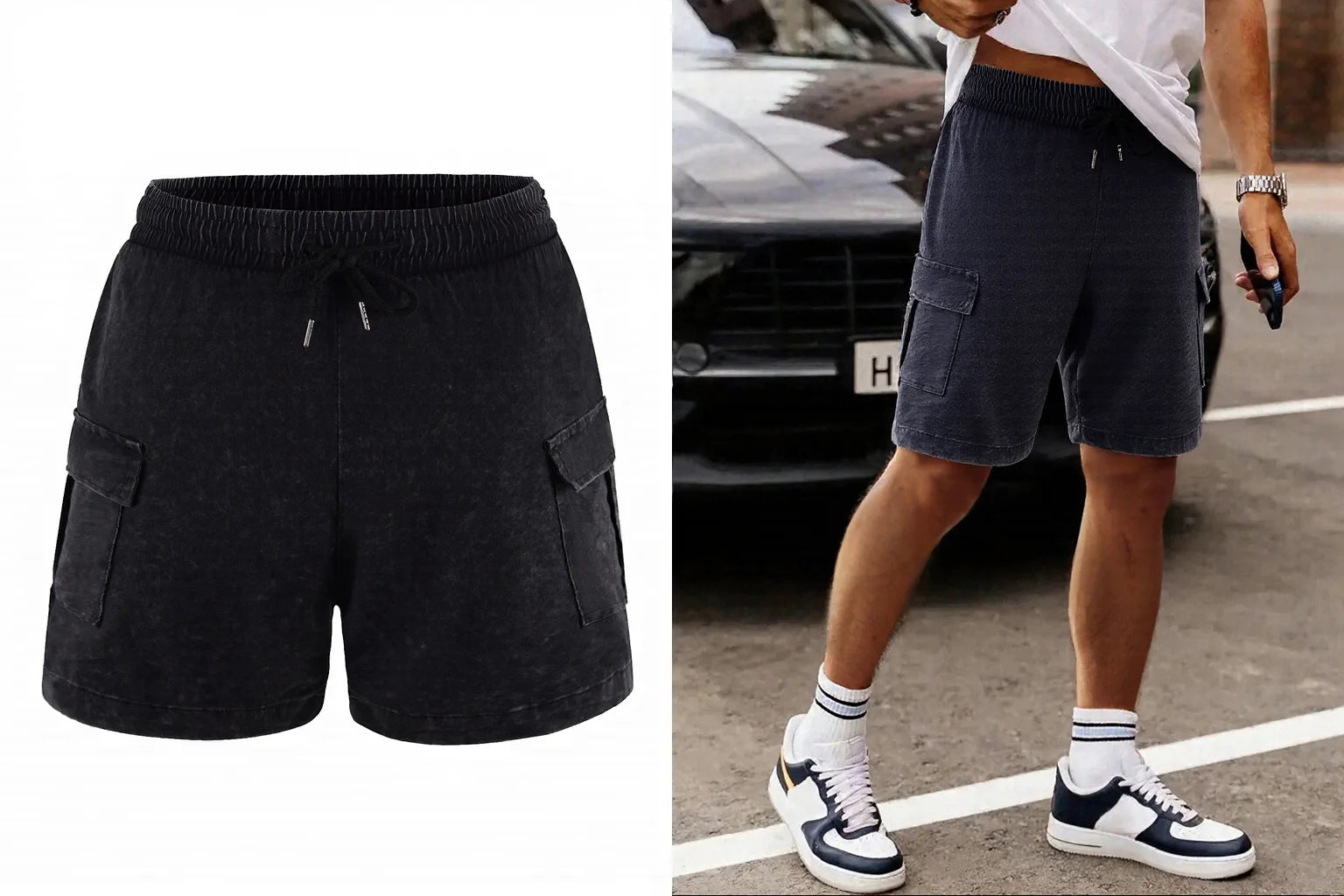 Men’s Washed Cotton-Blend Casual Shorts – Elastic Waist Drawstring Fit in Black by Urban Tendency